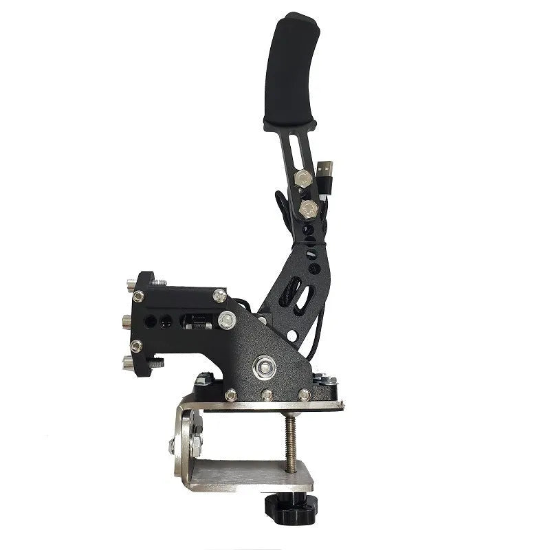 USB linear handbrake for PC racing simulators with aluminium clamp mounted on a wheel base.