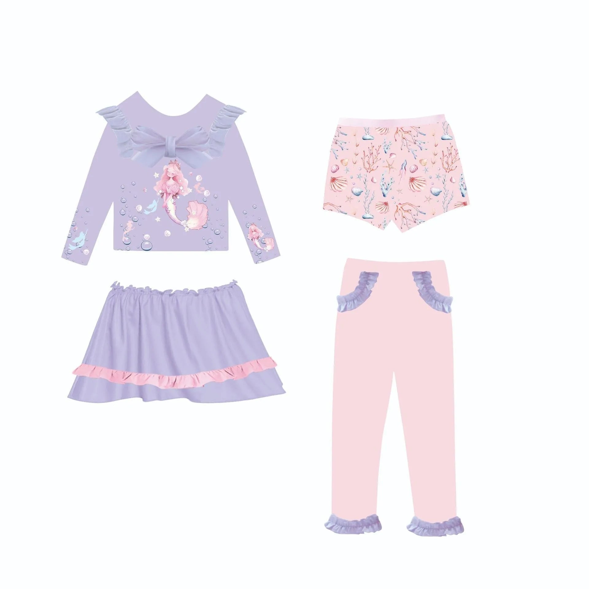 Girl's gilded coloured mermaid swimsuit set with long sleeve top and skirt in Baby Ocean colour