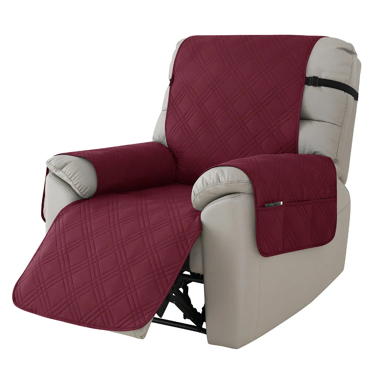 Quilted waterproof sofa cover for Chivas massage chair in burgundy colour with three-line stitching pattern