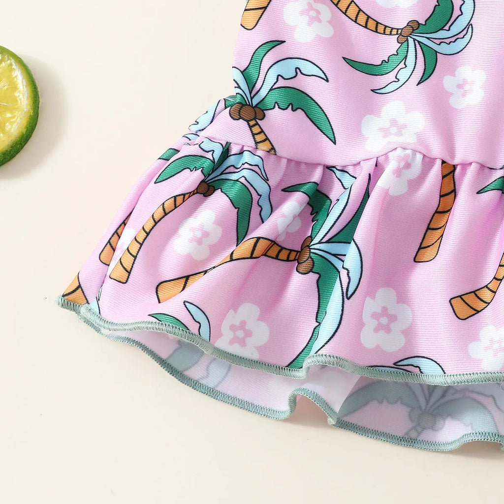 A white kids' two-piece swimsuit set consisting of a shirt and shorts, laid flat.