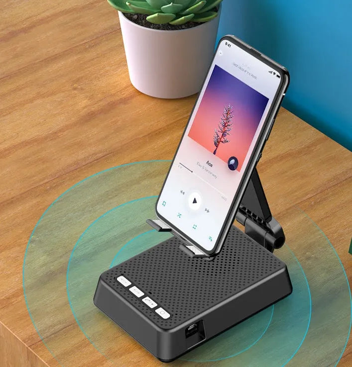 Black mobile phone stand with Bluetooth speaker and microphone for desk use