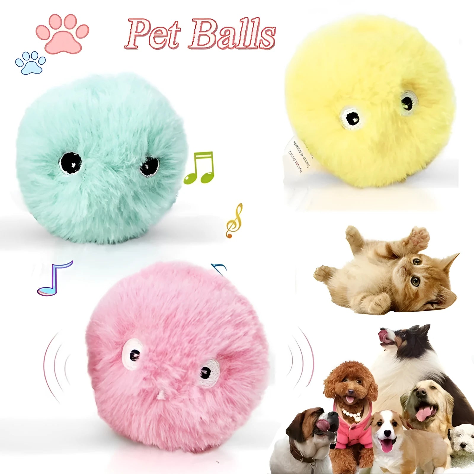 55mm diameter interactive cat toy ball in blue, pink, or yellow colours with animal sound effects