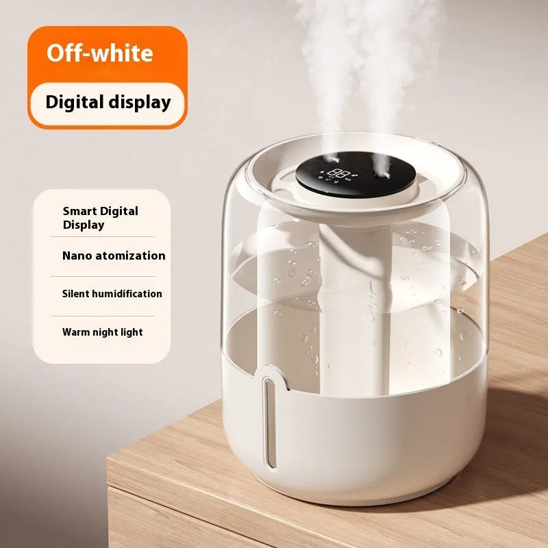 Beige round large capacity USB humidifier with dual spray nozzles, night light, and display
