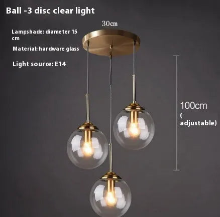 Nordic style modern round glass ball chandelier in clear, amber, smoke grey or platinum glass for living and dining rooms