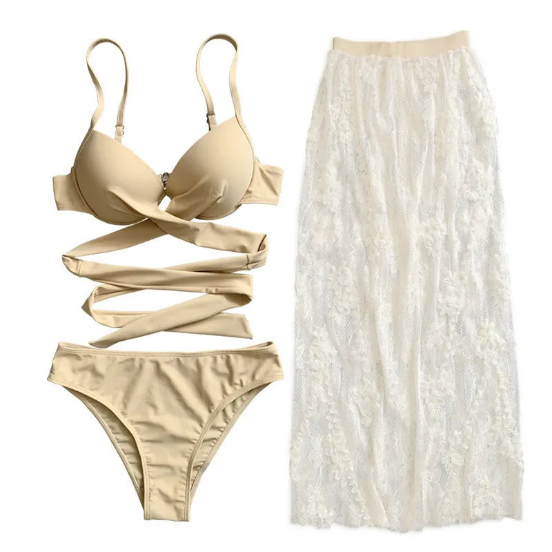 Three-piece backless push-up bikini set in creamy white colour with skirt component