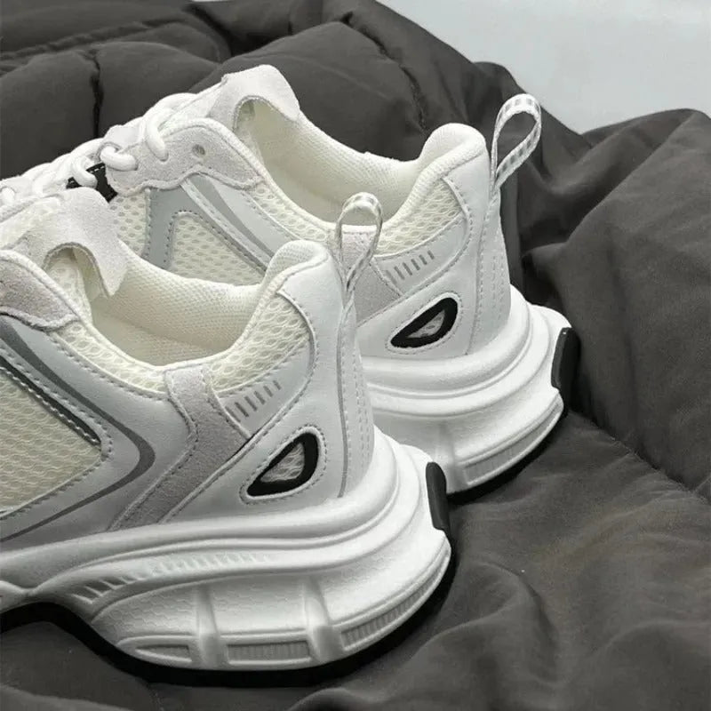 Beige women's mesh platform sports shoes with wedge heel and lace-up front