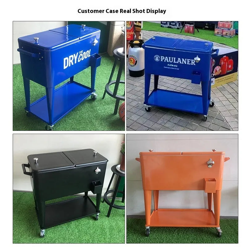 Red outdoor metal insulated trolley cooler box with 750 capacity for picnics.