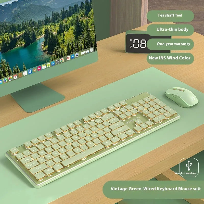 Prewalker V3 wired and wireless keyboard and mouse set in retro green colour on a desk