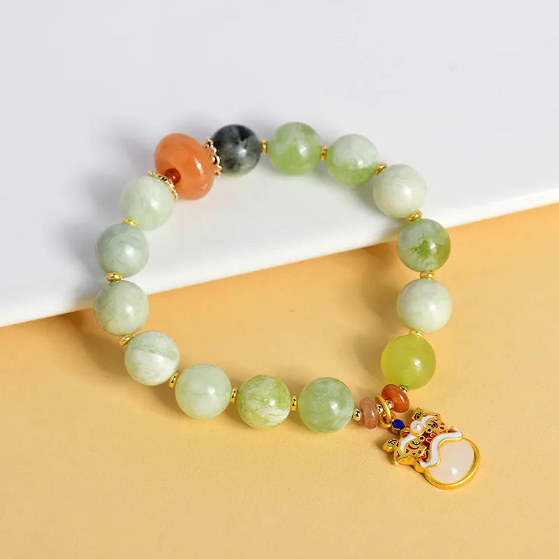 Handmade green milk-in-water jade bracelet with 10mm geometric retro beads for women.