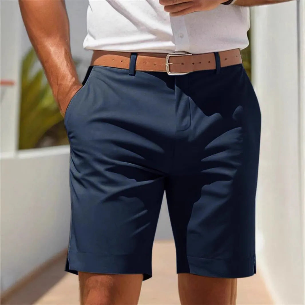 Men's straight-leg business suit shorts in light grey polyester fabric showing front view