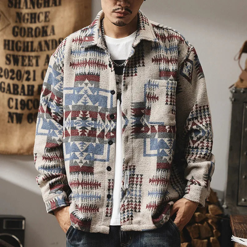 Fashion brand men's long sleeve loose fit shirt with geometric pattern in blue on display
