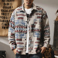 Fashion brand men's long sleeve loose fit shirt with geometric pattern in blue on display