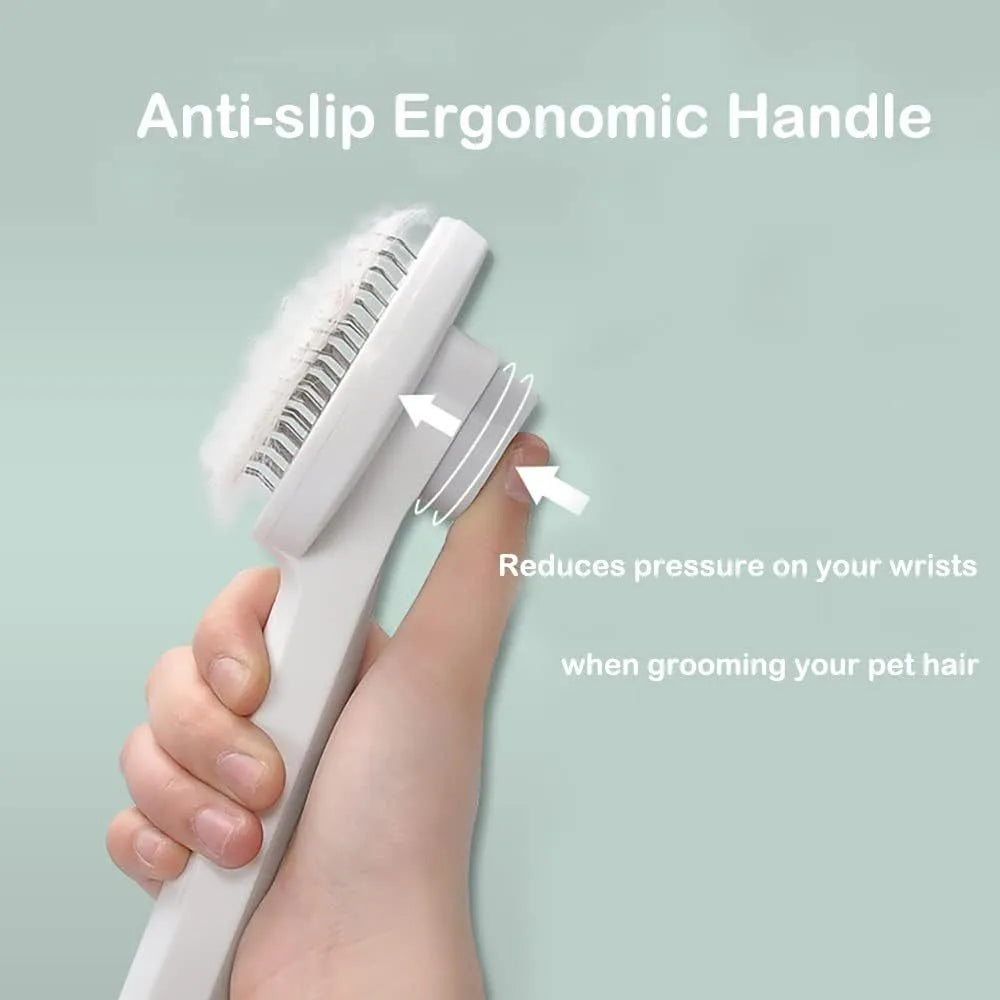 Blue self-cleaning cat and dog brush with rubber-tipped pins and a non-slip handle on a white background.