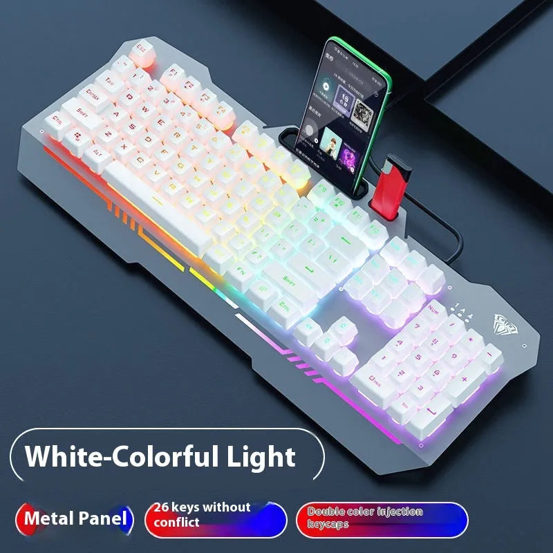 Metal mechanical keyboard bundle with gaming mouse, headset, and optional mouse pad on a desk.