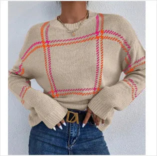 Women's loose plaid colour-block acrylic sweater in apricot, black, beige, red, and green stripes