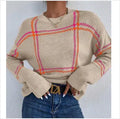 Women's loose plaid colour-block acrylic sweater in apricot, black, beige, red, and green stripes