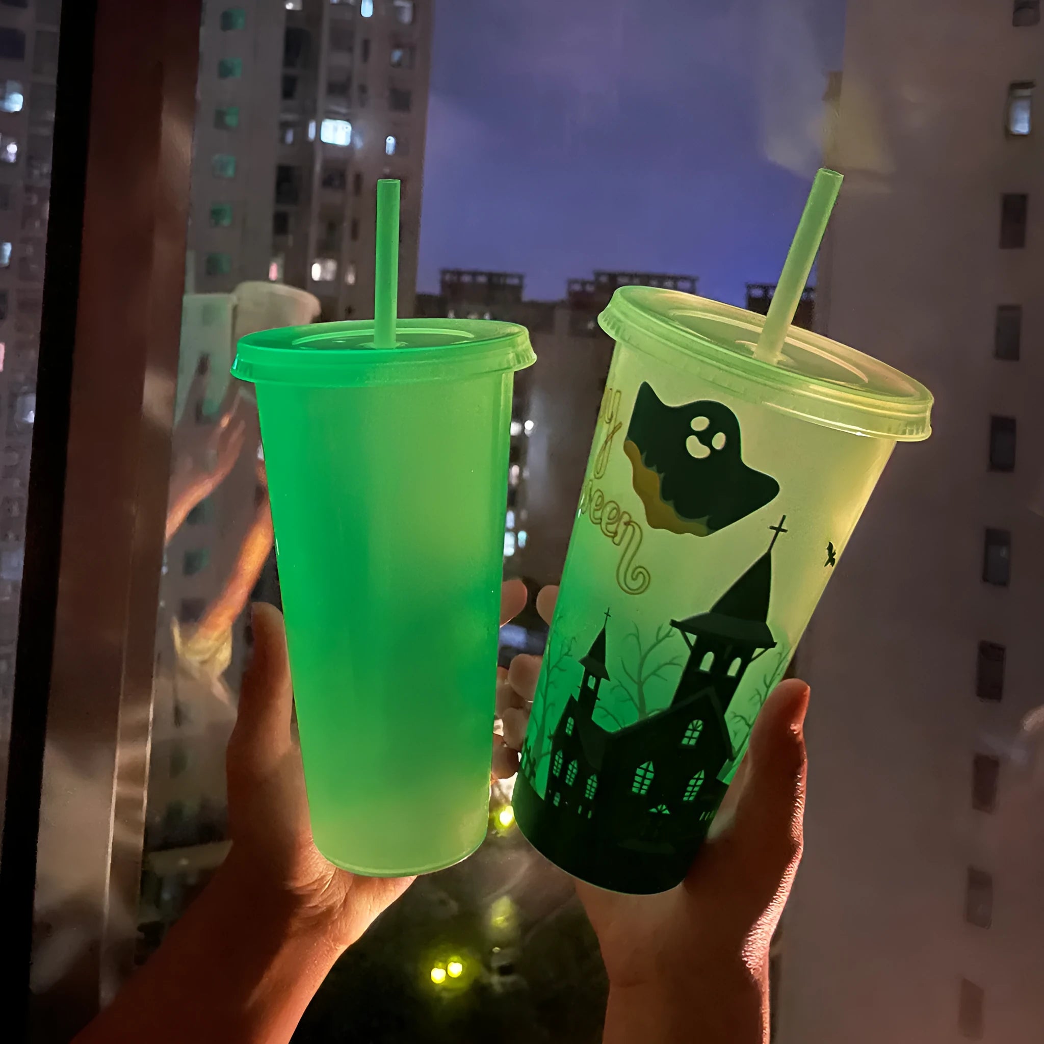 720ml Halloween luminous straw cup in cylindrical shape with PP plastic construction