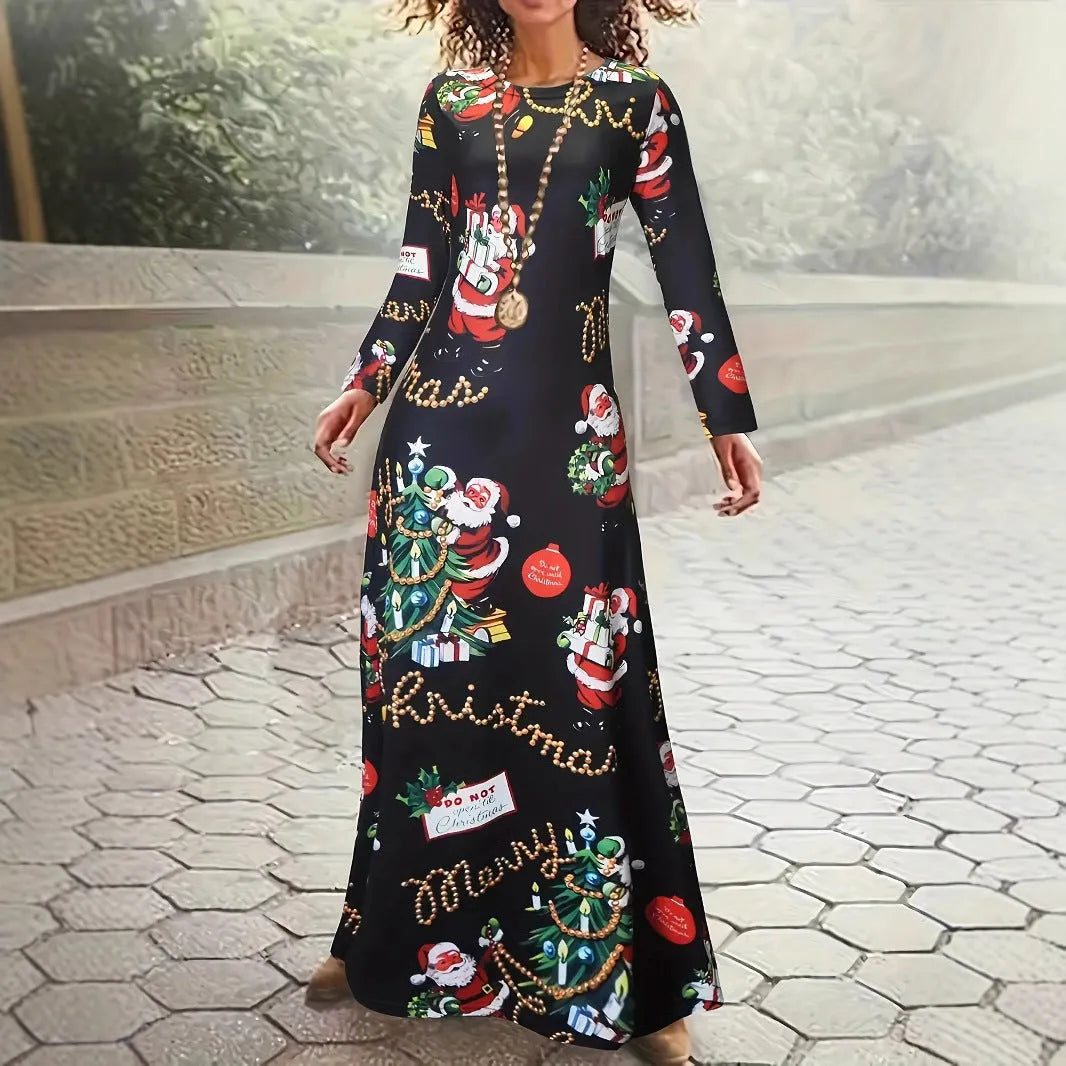 Santa Claus printed long sleeve round neck polyester dress in beige with mid waist and leather stitching