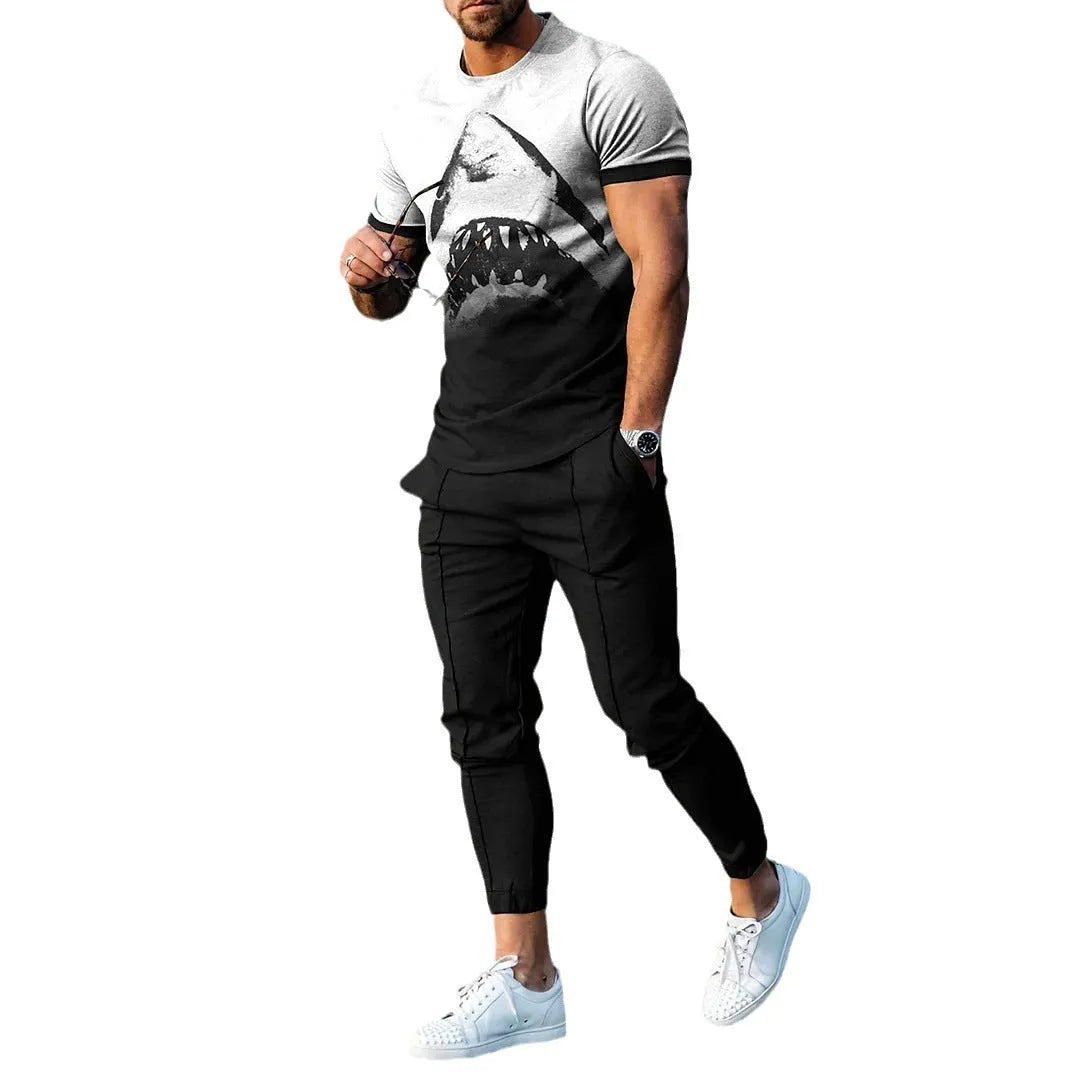 Men's short sleeve printed pullover and trousers set in thin polyester blend fabric for sports and casual wear