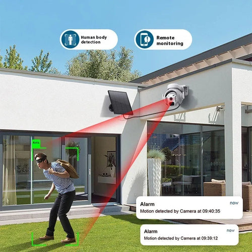 White solar-powered outdoor security camera with solar panel on top, mounted on a wall.
