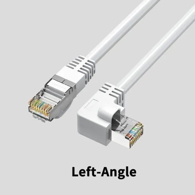 Right-angle Cat6 Ethernet cable with RJ45 connector in various colour options
