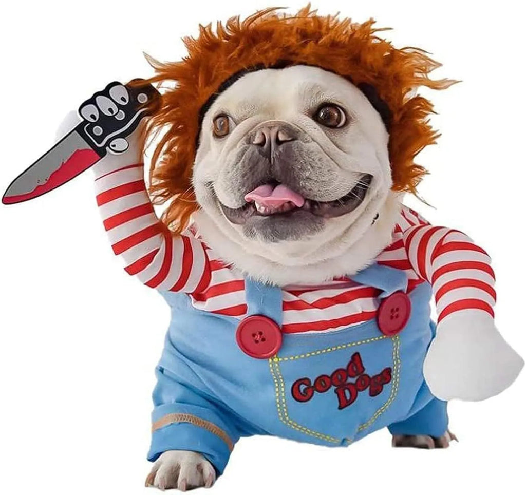 Striped Halloween harness pants costume for dogs and cats with toy knife accessory