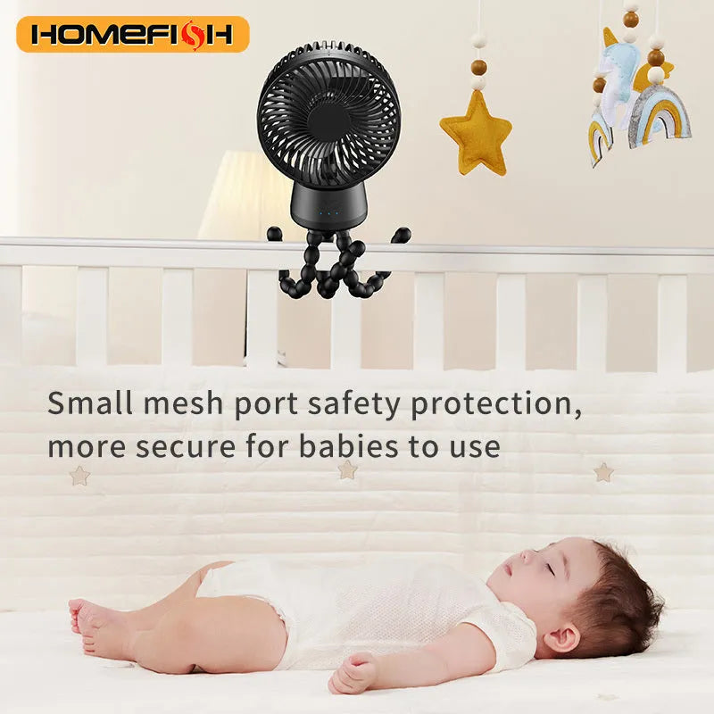 HOMEFISH F2 automatic shaking head portable fan with LED light on an adjustable bracket.