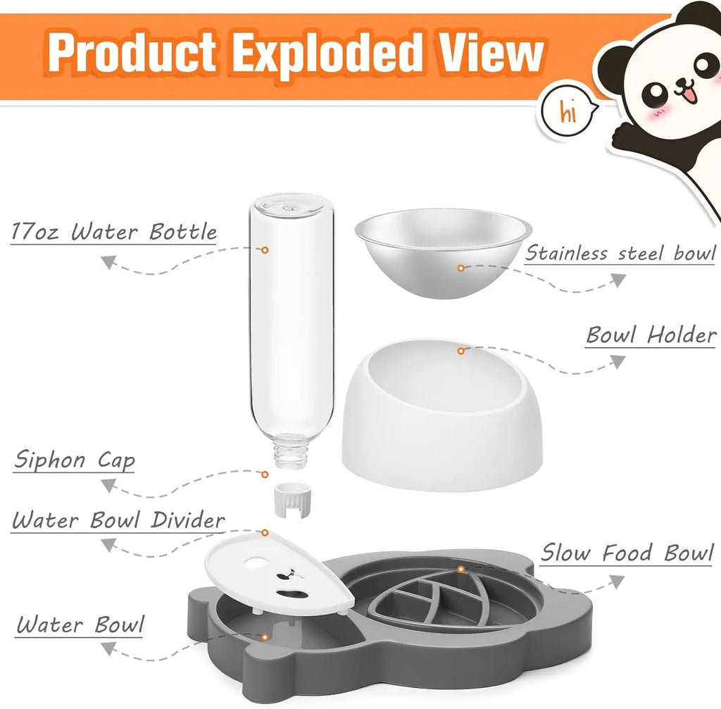 Grey panda-shaped pet feeder with tilted stainless steel bowls and automatic water bottle