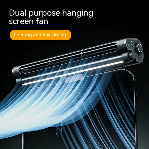 Black bladeless USB laptop cooling fan with integrated eye-protection lamp clipped to computer screen