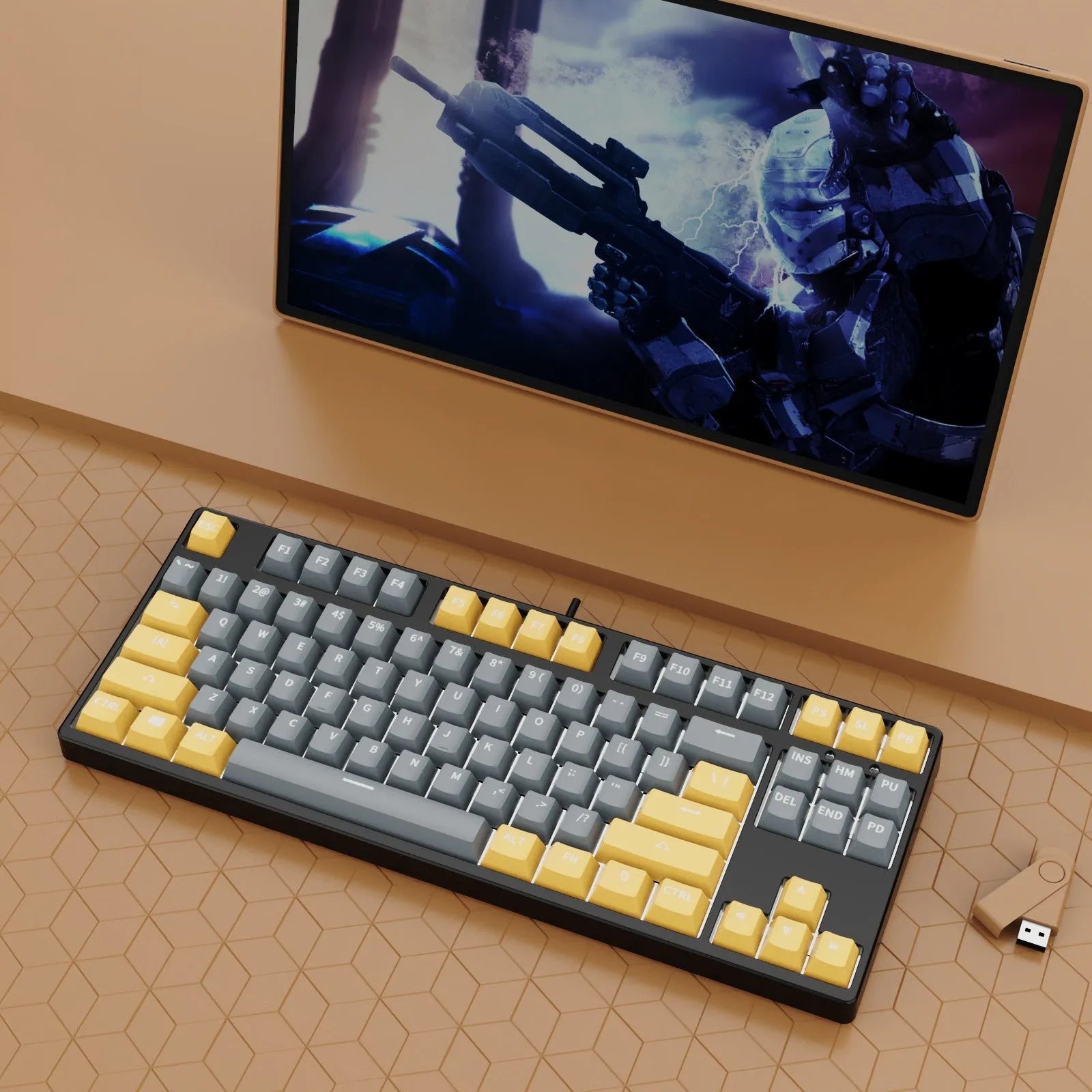 87-key wired mechanical gaming keyboard with hot-swappable switches shown in a two-tone colour scheme on a metal chassis.