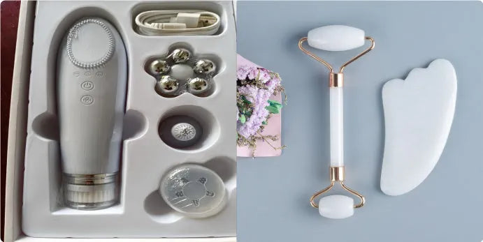White jade double-headed roller and scraping board set for facial and body massage