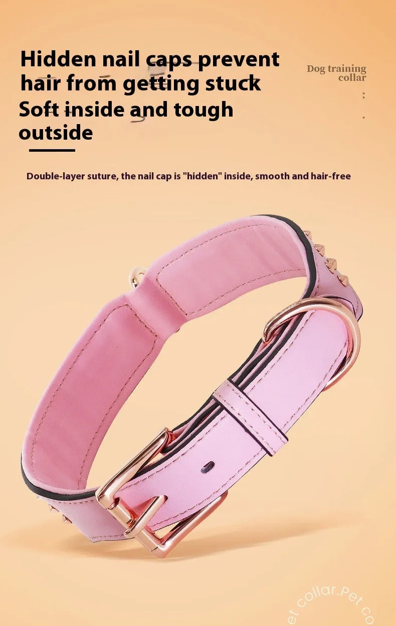 Leather dog collar with metal anti-bite rivets in black, chocolate, or pink colour options.