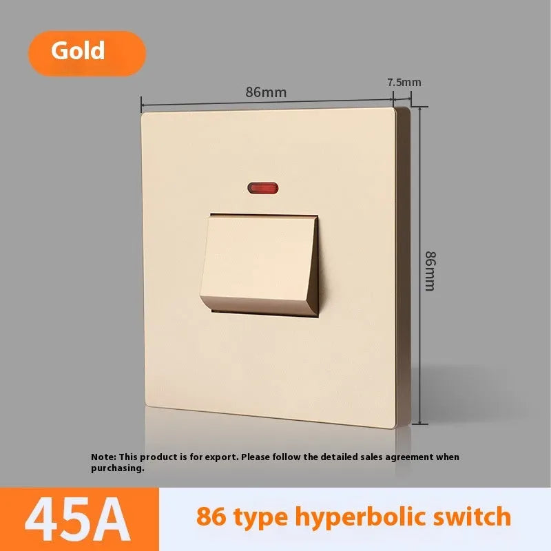 High-current illuminated switch socket for water heaters and air conditioners in gold, grey or white