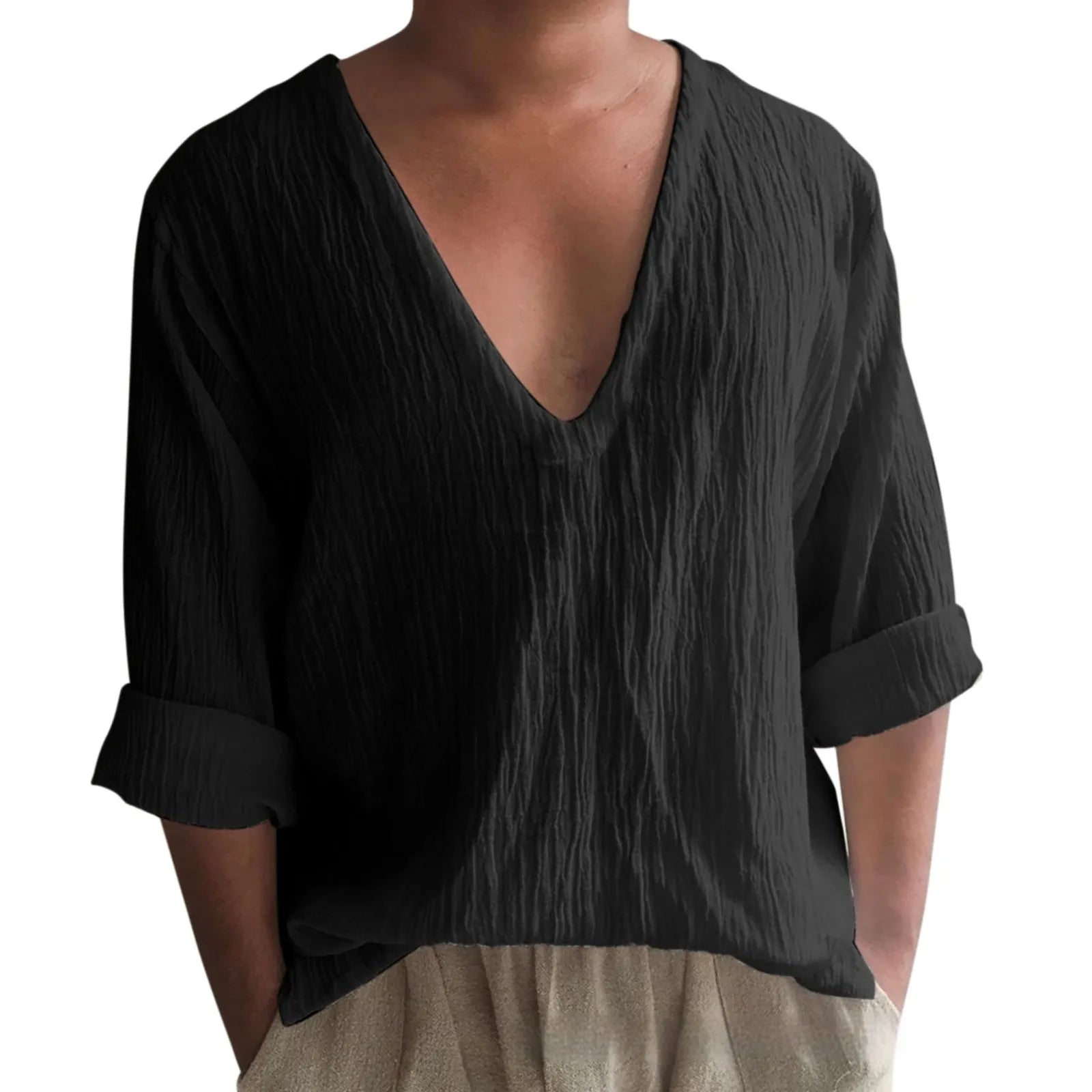 Men's long sleeve V-neck washed cotton t-shirt in solid colours with British style design