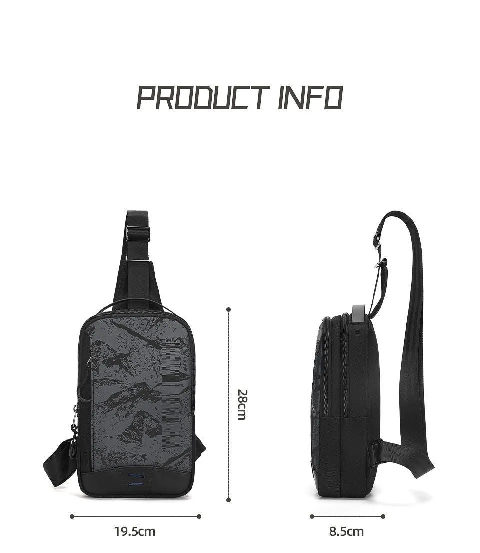 Casual black TPU chest pack with single shoulder strap showing landscape pattern details