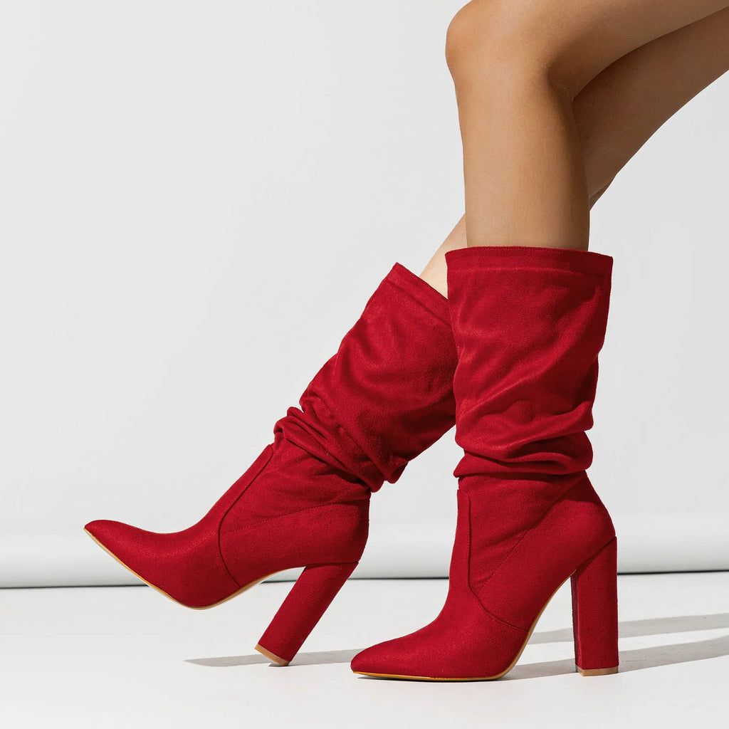 Women's black suede chunky heel pointed-toe boots with middle calf length and heel above 8cm