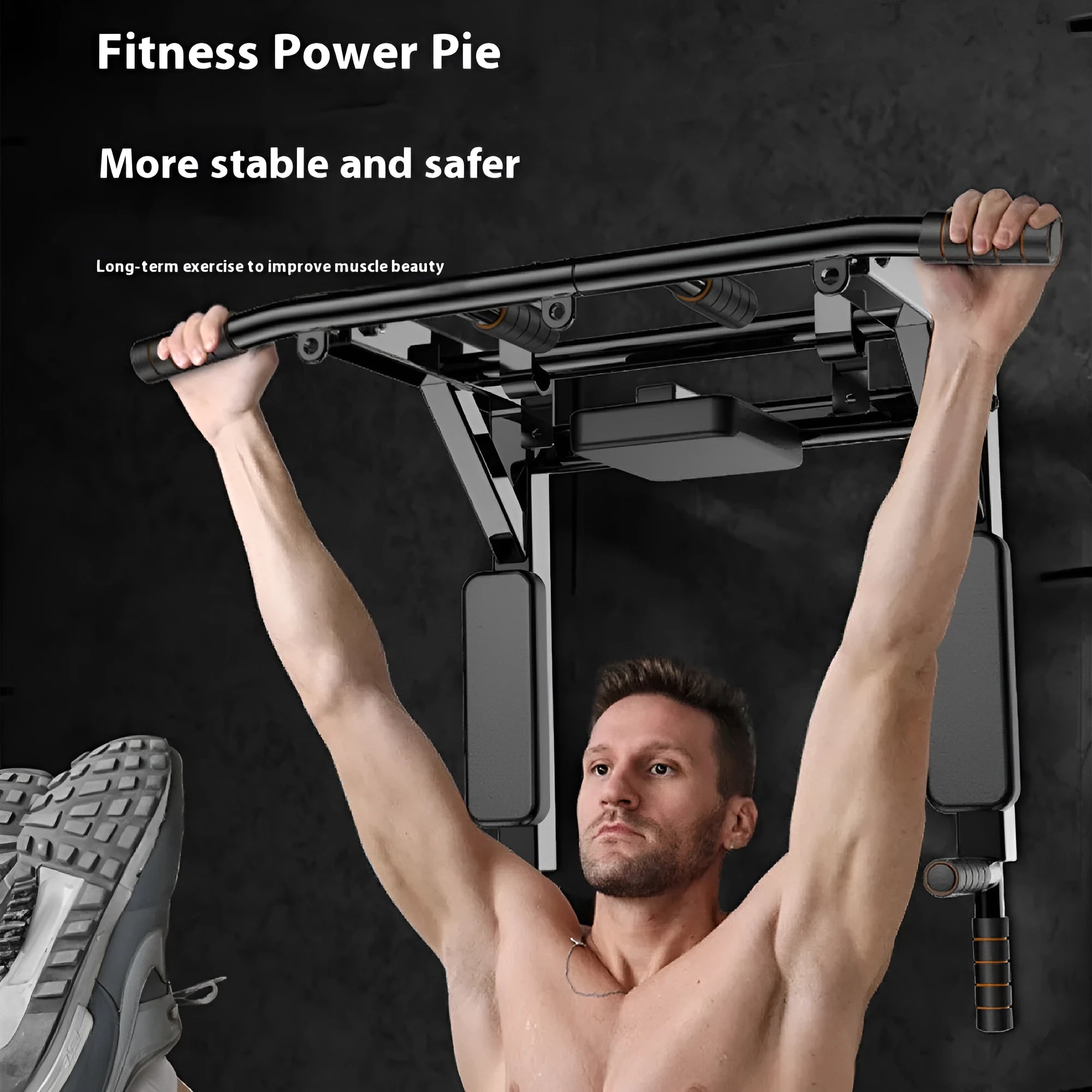 Black wall-mounted fitness equipment with sandbag rack and single parallel bars for pull-ups