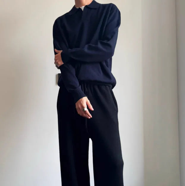 Old money style pure wool polo sweater with lapel collar in navy blue