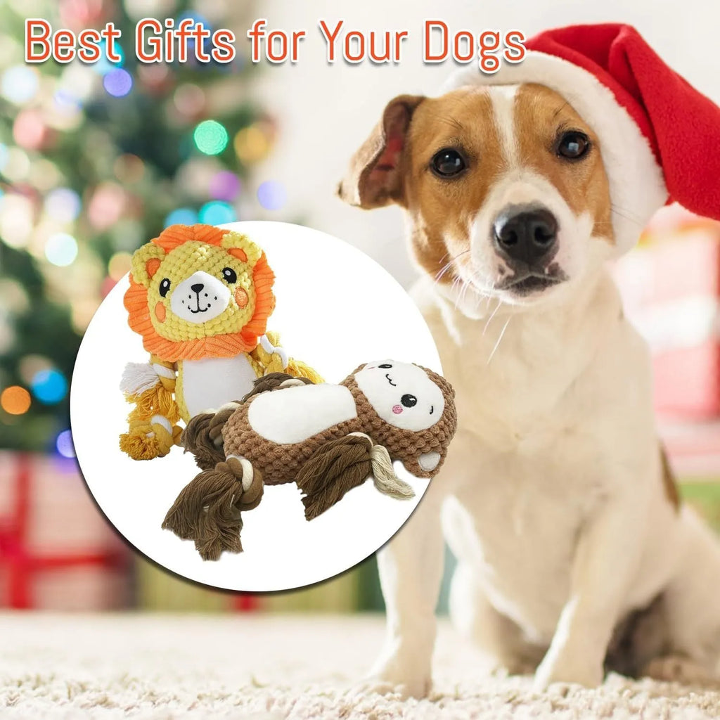 Plush squeaky dog toy bundle with lion and monkey designs for medium to large dogs