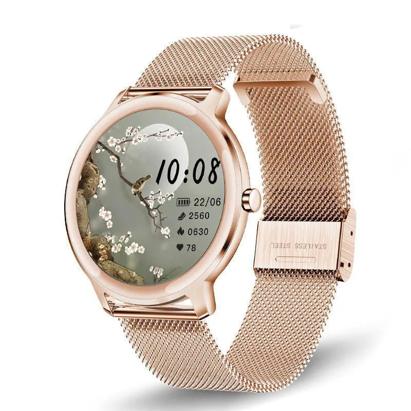 Women's waterproof Bluetooth smart watch with stainless steel mesh band and touch screen.