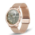 Women's waterproof Bluetooth smart watch with stainless steel mesh band and touch screen.