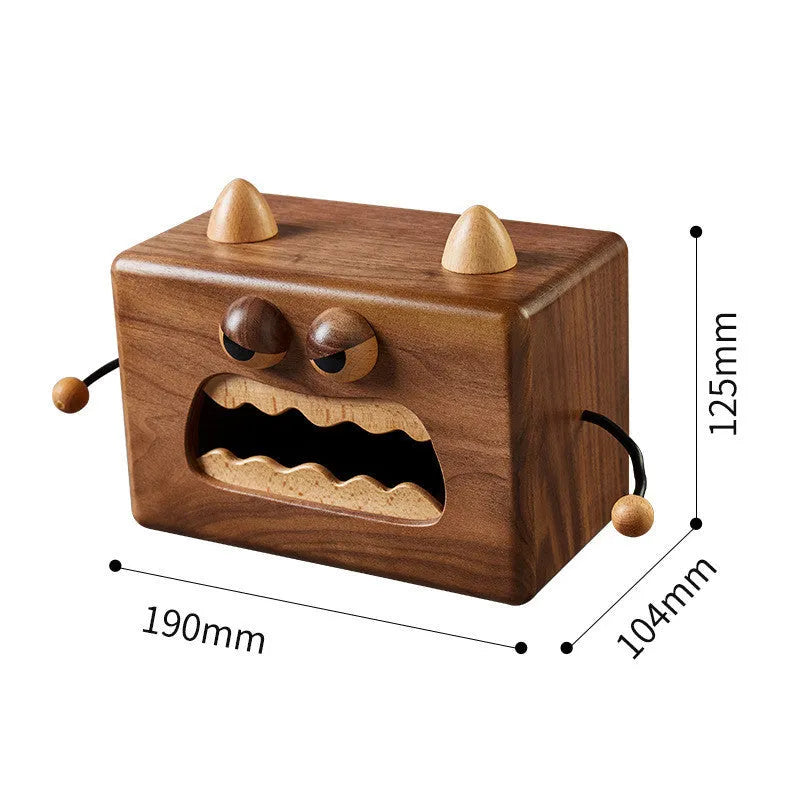 Little Monster cartoon wooden tissue box in walnut beech finish showing dimensions