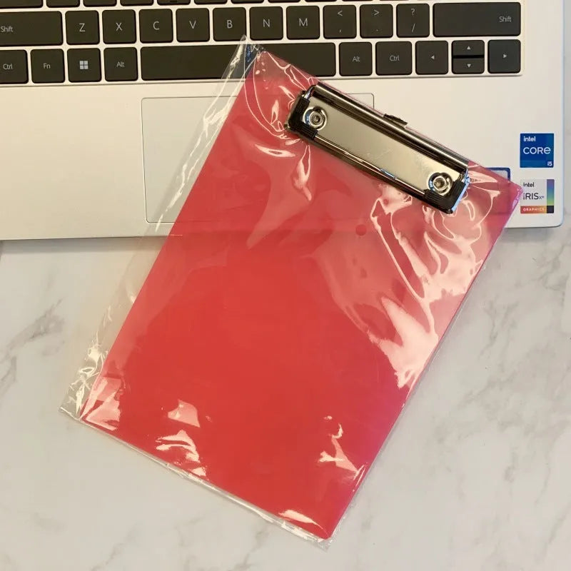 Transparent A4 plate holder with metal clip showing document visibility and colour options