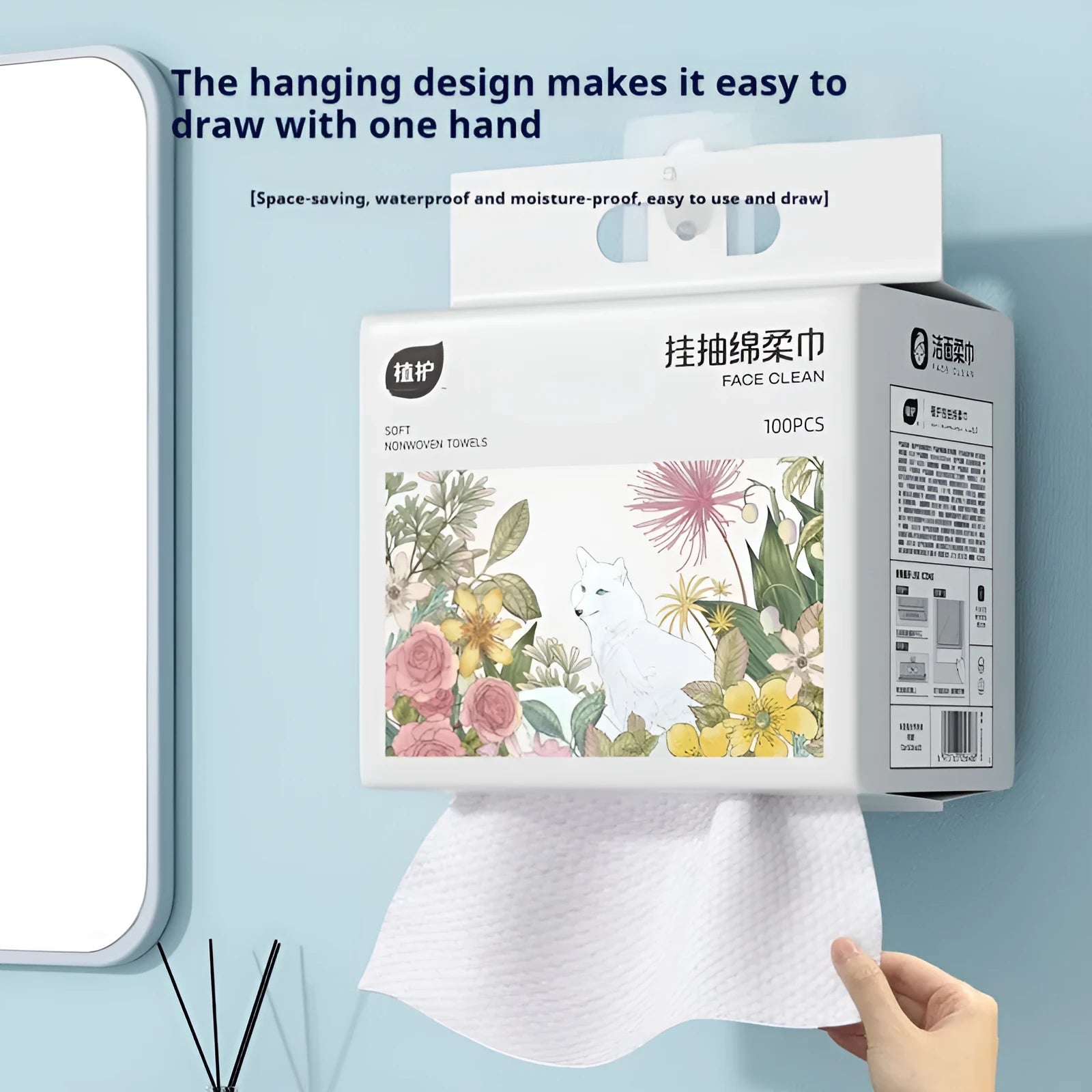 A roll of disposable soft white face cloths made from viscose and polyester blend.