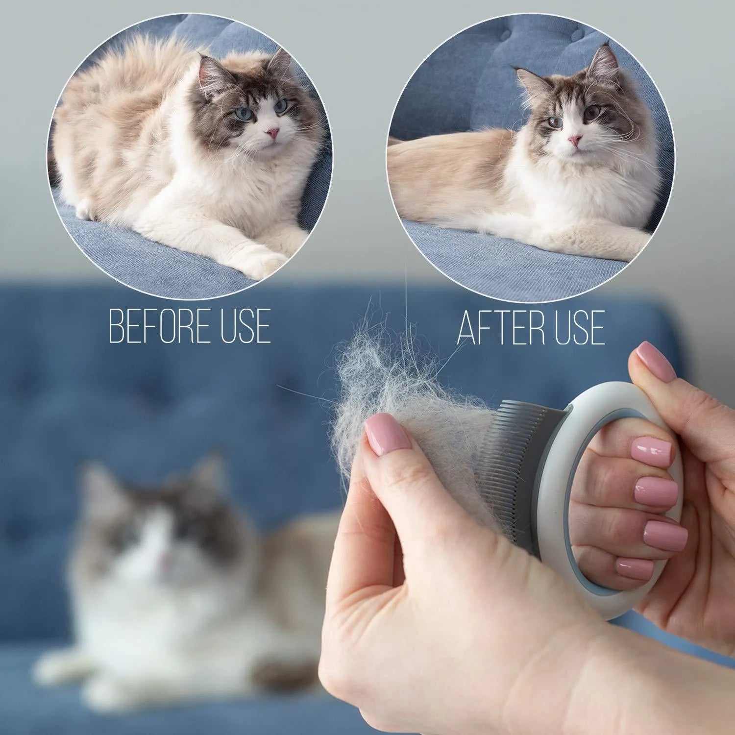 Blue plastic pet deshedding comb with ergonomic handle for grooming cats and dogs