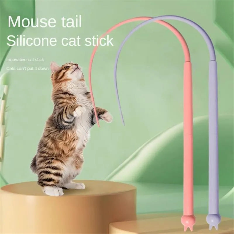 Blue cat teaser wand toy with long silicone mouse tail and cat-shaped handle