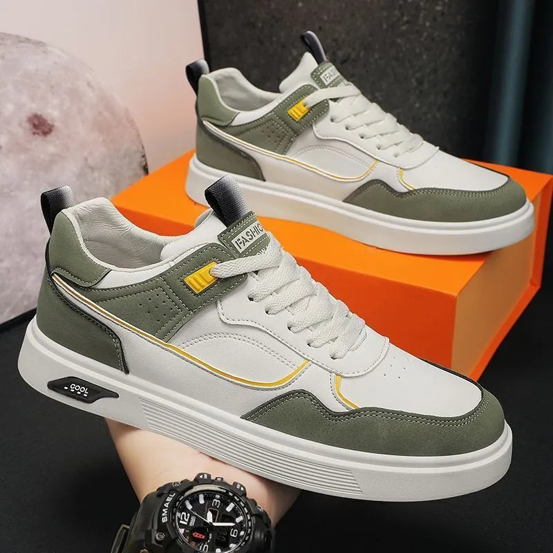 Men's Korean-style canvas board shoes in black, beige or grey with mesh lining and leather stitching details