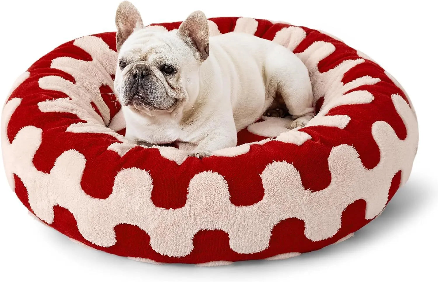 Round blue and white plaid dog bed with a removable cover on a plastic base.