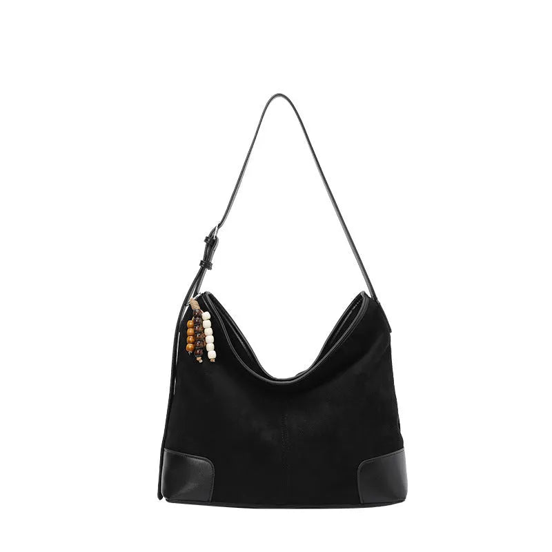 Women's PU leather large-capacity suede texture shoulder crossbody bag in brown with ribbon pendant, horizontal square shape, sandwich pocket