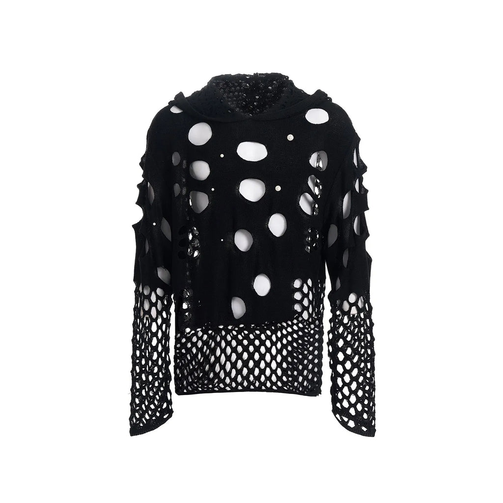 Black men's loose fit hoodie with pearl decorations on the hood, showing thin hollow knit construction.